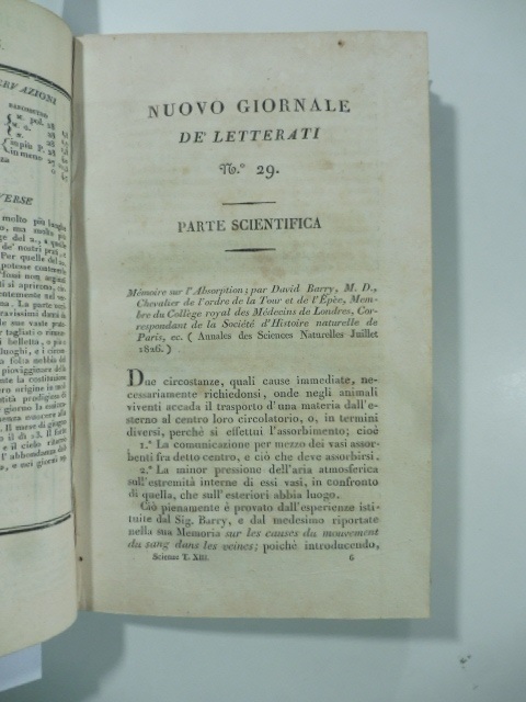 Memoire sur l'absorption pa David Barry...(Stralcio da: Nuovo giornale de' letterati. N. 29. 1826)